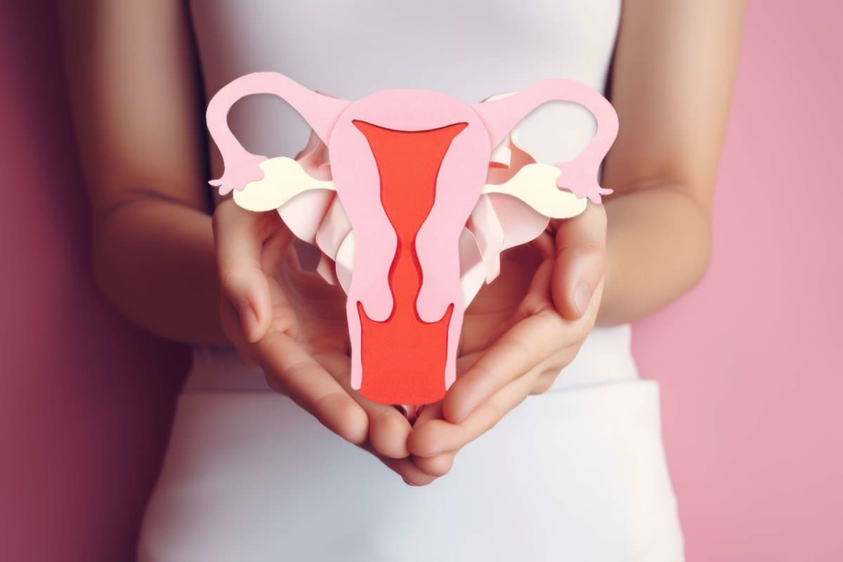 Female reproductive health concept. Woman hand holding uterus sh