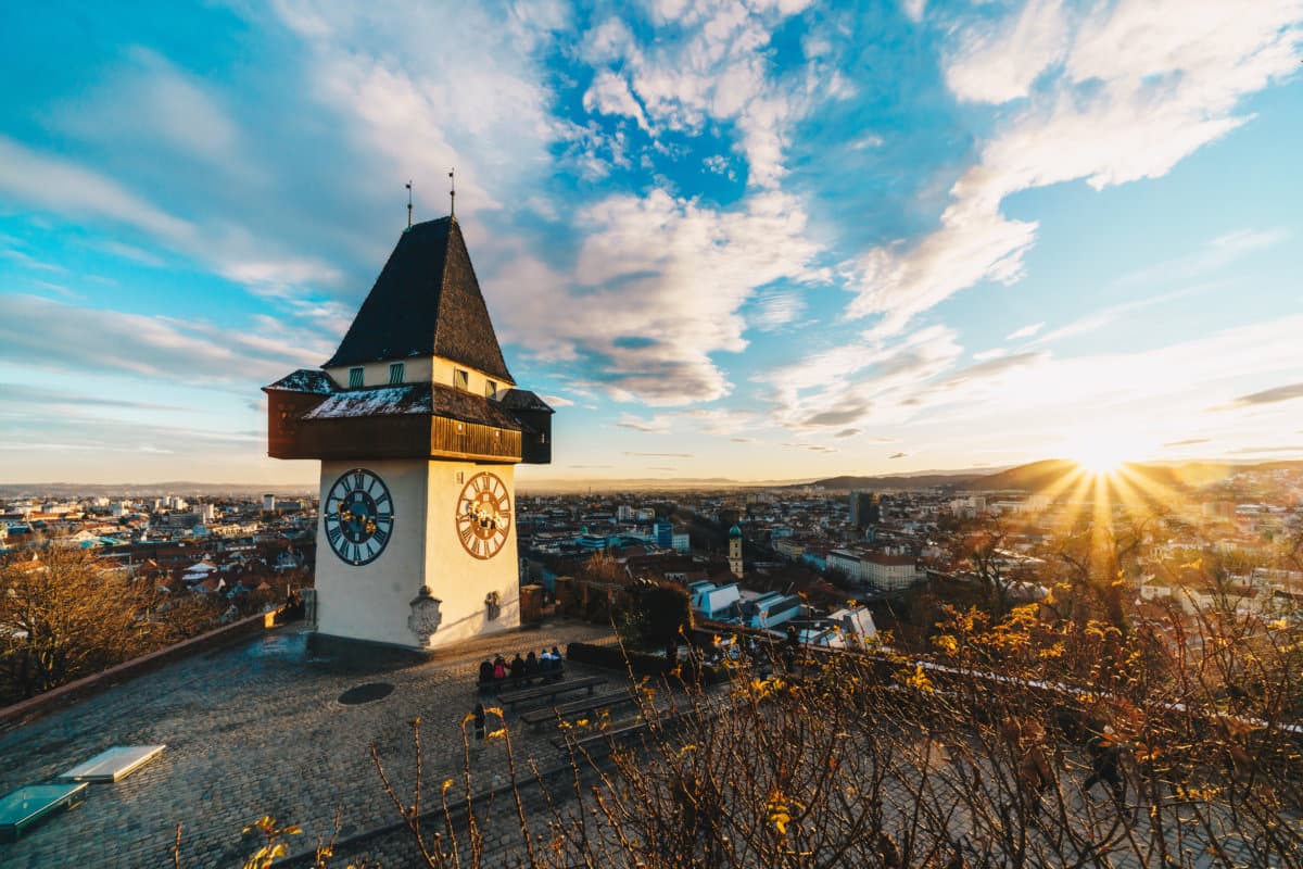 Graz city panorama at sunset from the top of Schlossberg hill