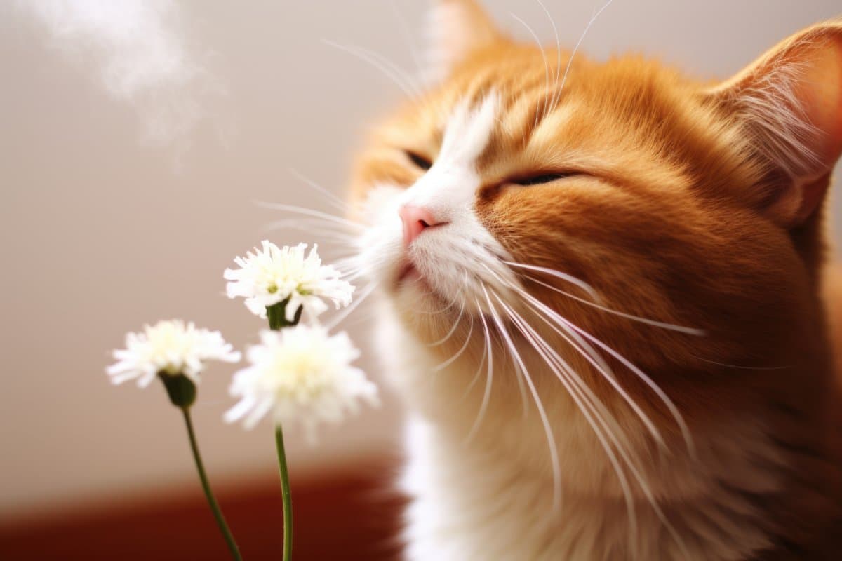 cat whiskers juxtaposed with flower inducing allergies, created with generative ai