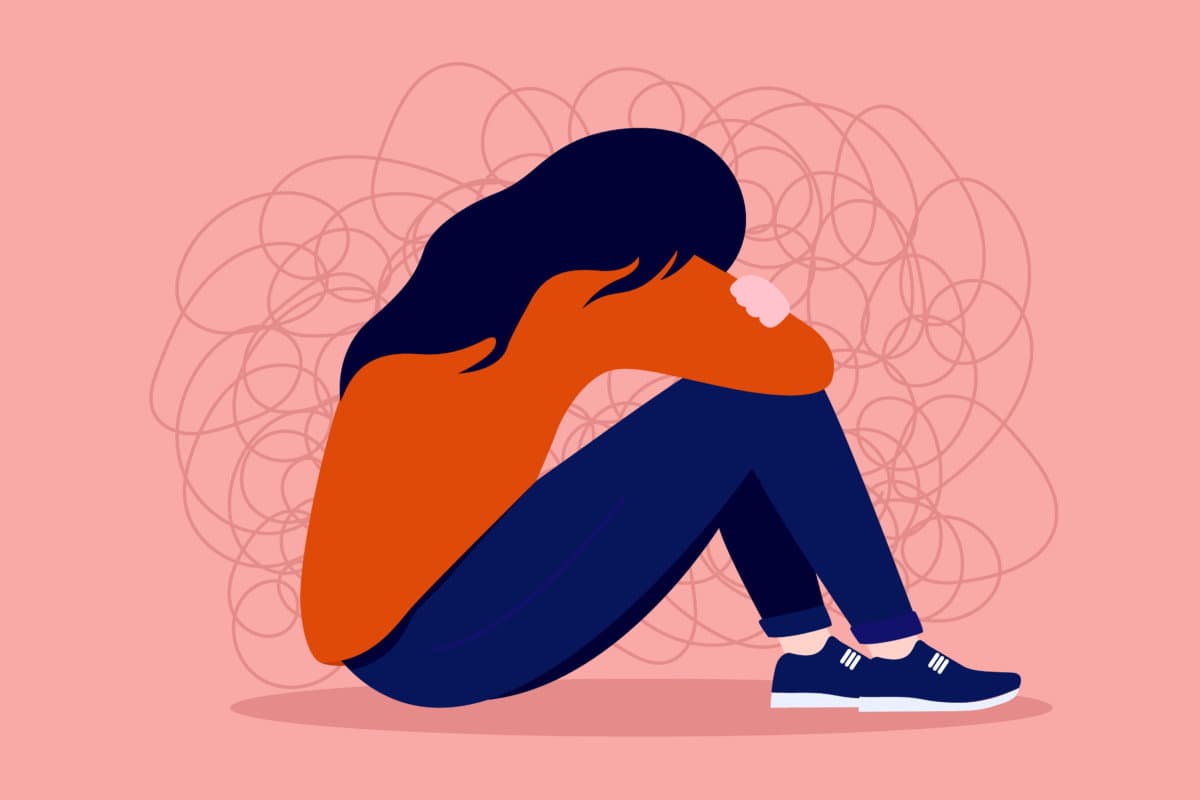 Anxiety &#8211; Anxious teen girl suffering from depression sitting with head in lap. Woman mental health concept. Vector illustration.