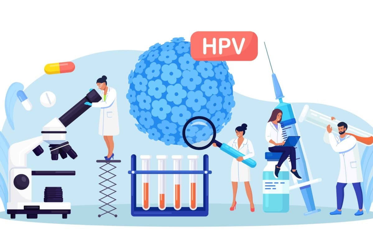 Human papillomavirus. Doctor diagnosis HPV virus. Cervical cancer early diagnostics and checkup. Scientist analyzing infected cells. HPV vaccination for reduce virus infection risk or oncology. Vector