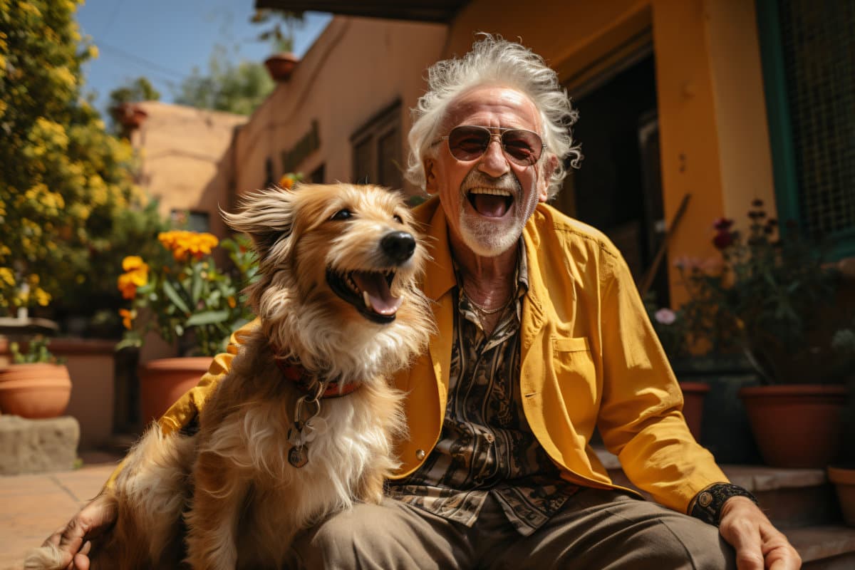 Happy old man enjoying time with his dog.