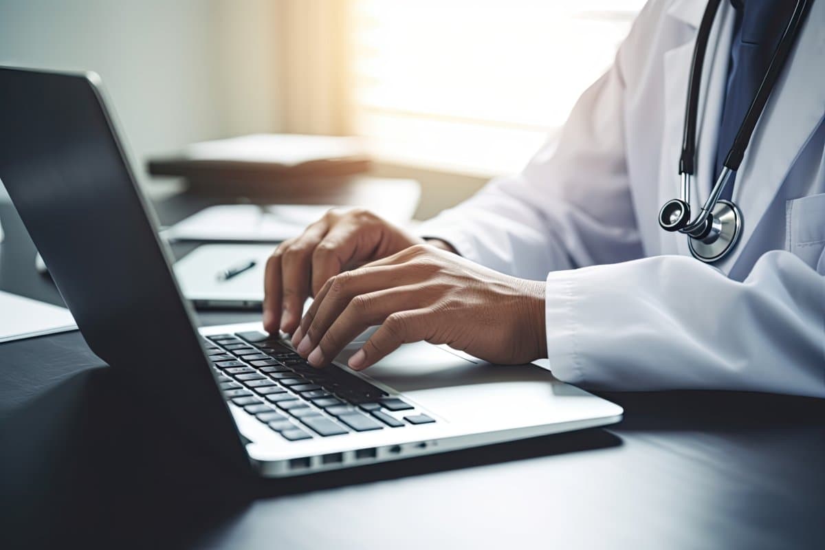 In a doctor&#8217;s office, a close-up of a male doctor diligently working and typing on his laptop, while a stethoscope and digital tablet sit on the table nearby.
