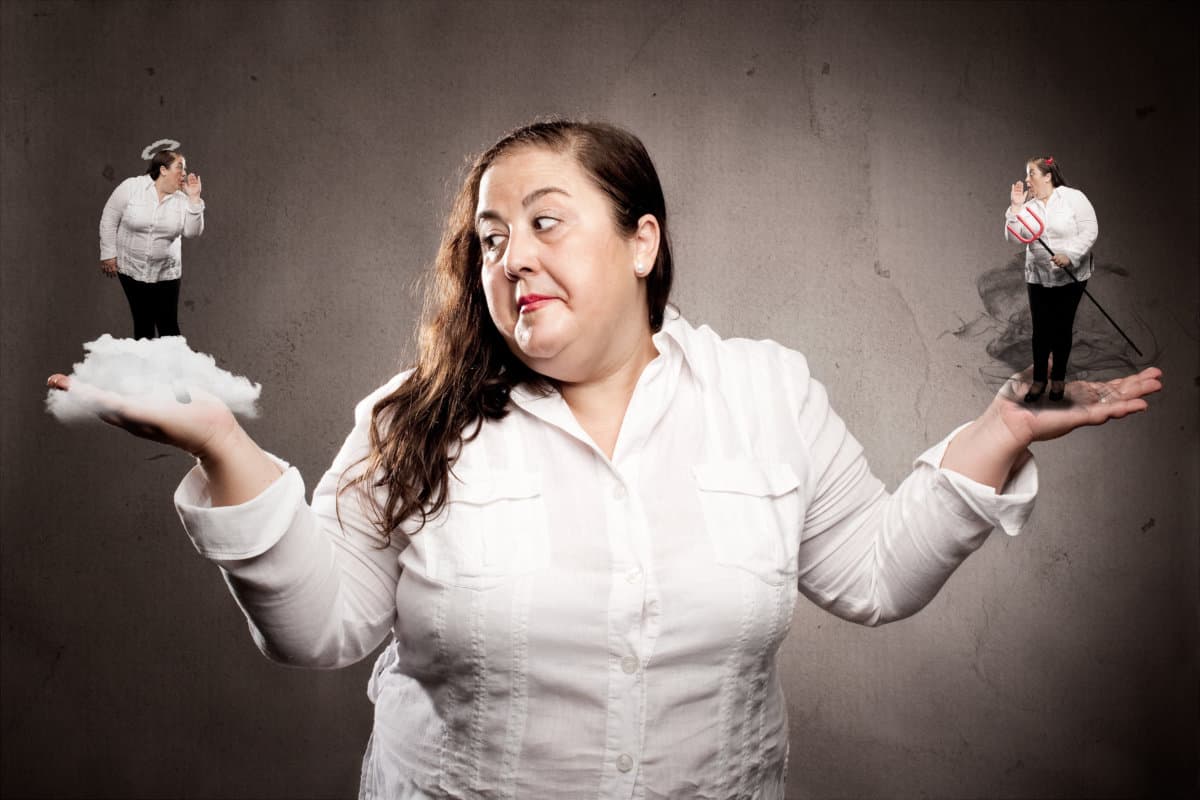 woman listening good and bad conscience