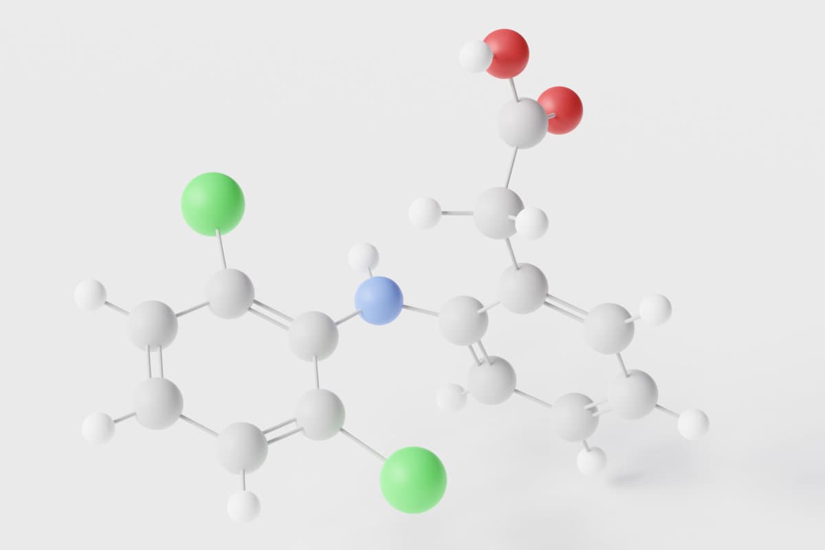 diclofenac molecule 3d, molecular structure, ball and stick mode