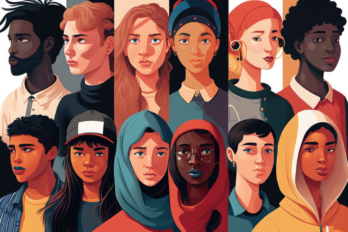 Illustration of diverse individuals representing Generation Z. The multiculturalism, inclusivity, and unique perspectives characteristic of this youngest generation of global citizens, generative AI