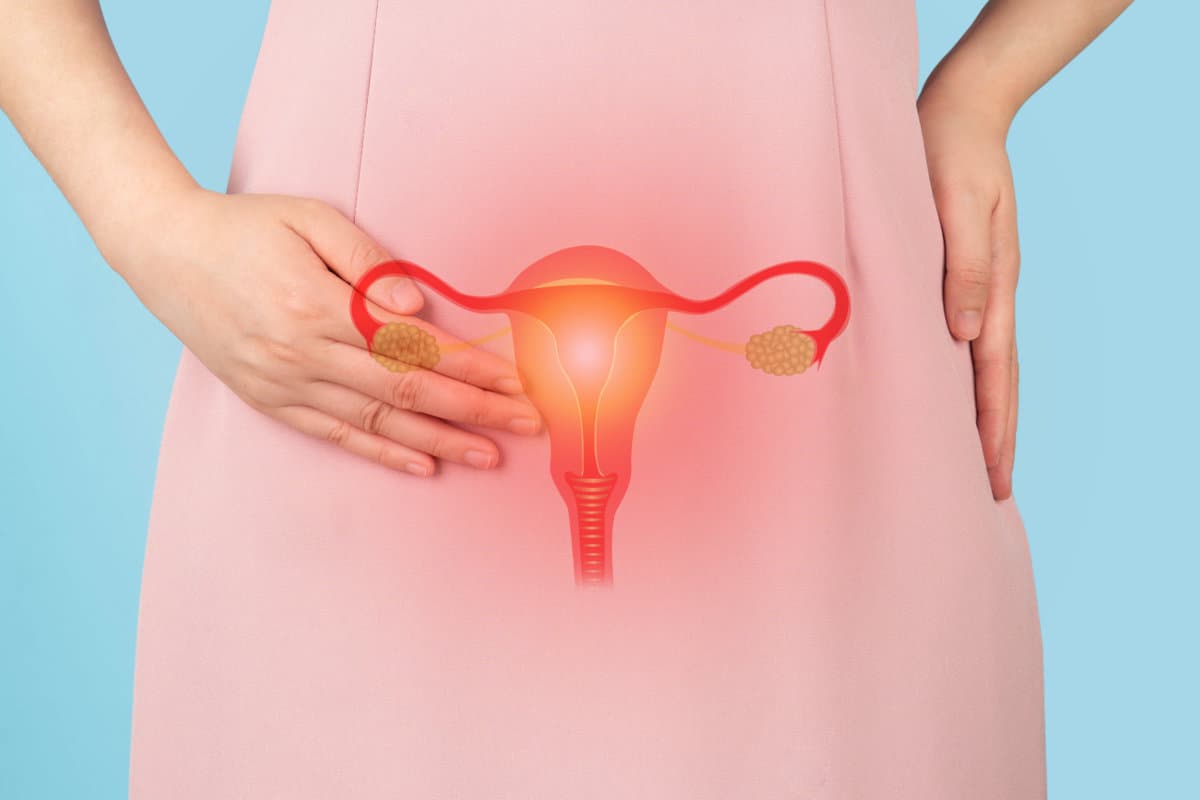 Woman suffering from pelvic pain with uterus and ovaries anatomy