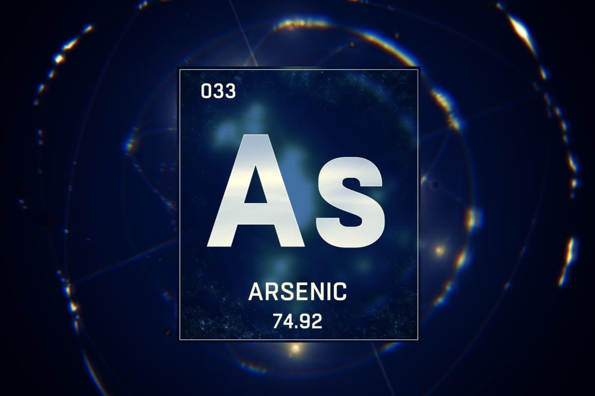 3D illustration of Arsenic as Element 33 of the Periodic Table. Blue illuminated atom design background with orbiting electrons. Design shows name, atomic weight and element number