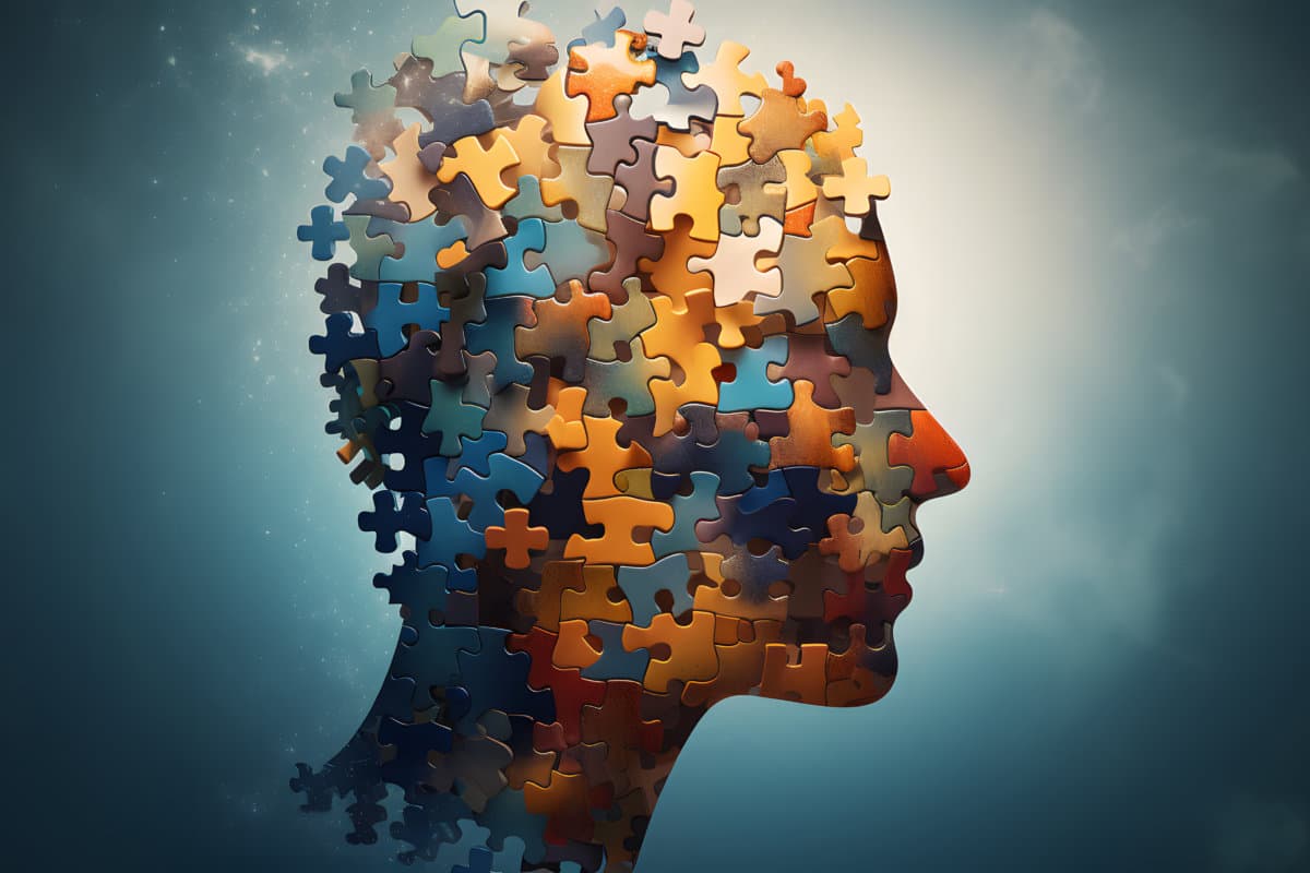 closeup of head with puzzle shapes, concept of mental health, human having mental illness