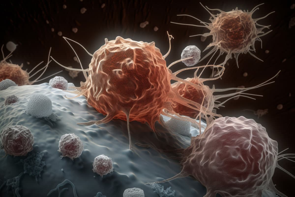 White blood cells attacking cancer cells, AI Generativea