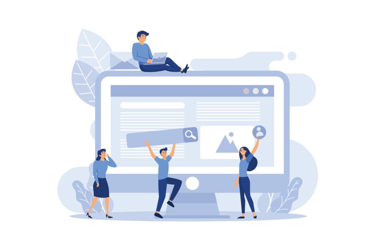 A team of people is developing a website by filling it with functions, concept vector illustration for the development of websites and mobile sites, SEO, mobile applications, business solutions,