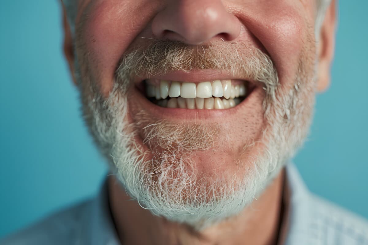 Close-up of the joyful smile of an elderly man, showcasing his perfect teeth, accompanied by a macro zoom image of a collage featuring an implanted tooth in the gum. Presented against a blue backgroun