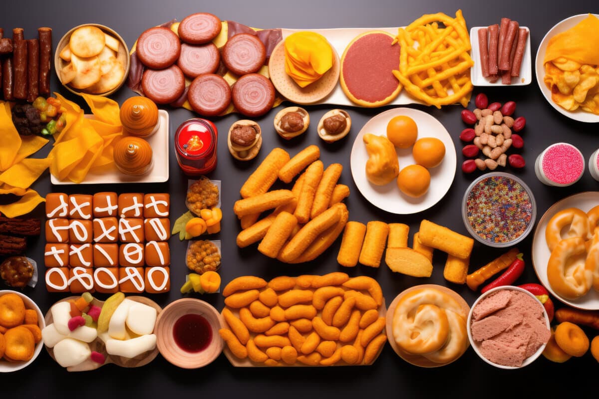 A combination of many unhealthy fast foods on the table.  Extreme processed food concept.