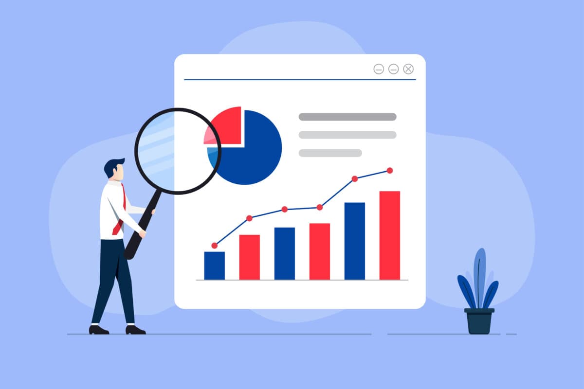 Geschäftsmann mit Lupe und Diagramm, Berichtssymbol. Datenanalyse und Business Analytics-Konzept