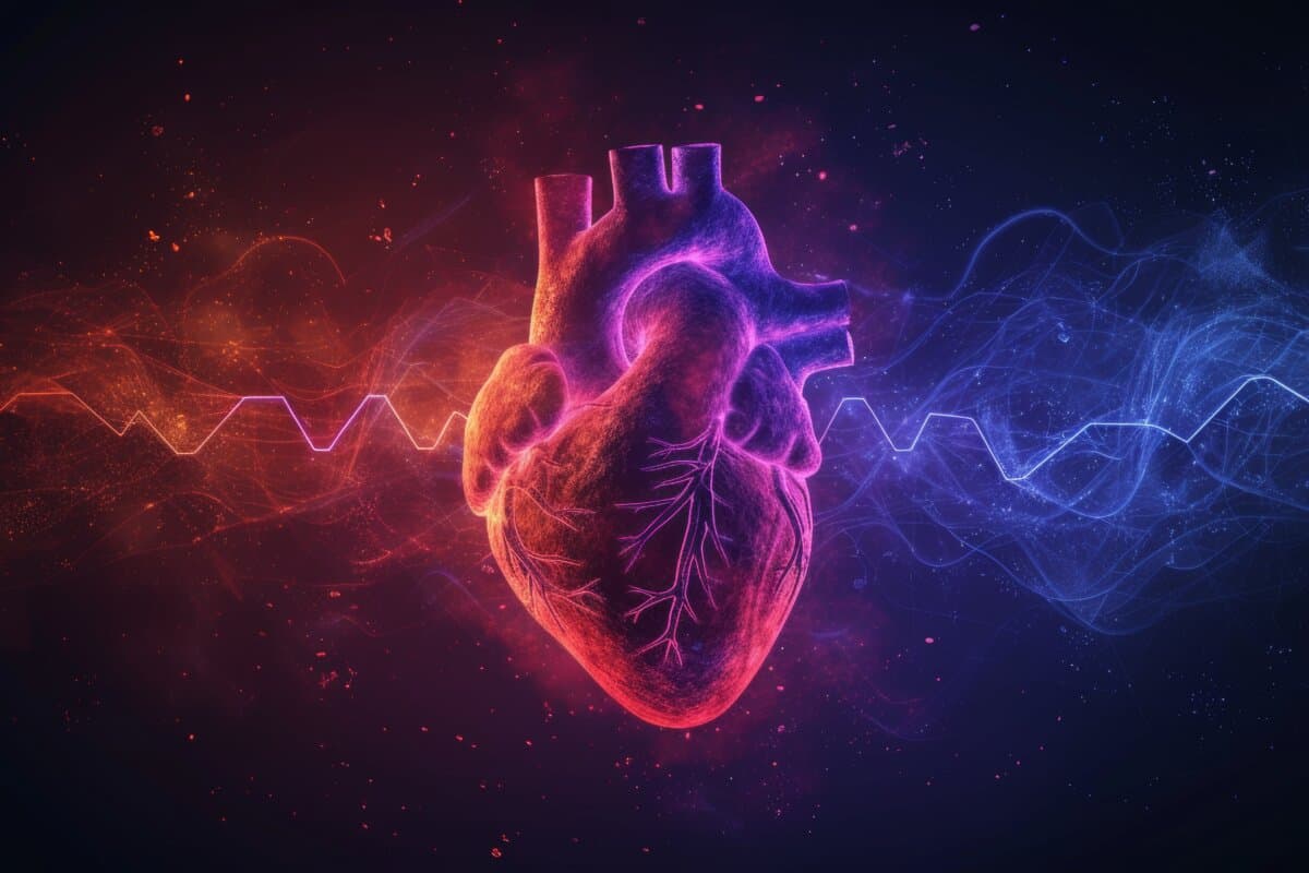 Human heart shape with blue purple cardio pulse line