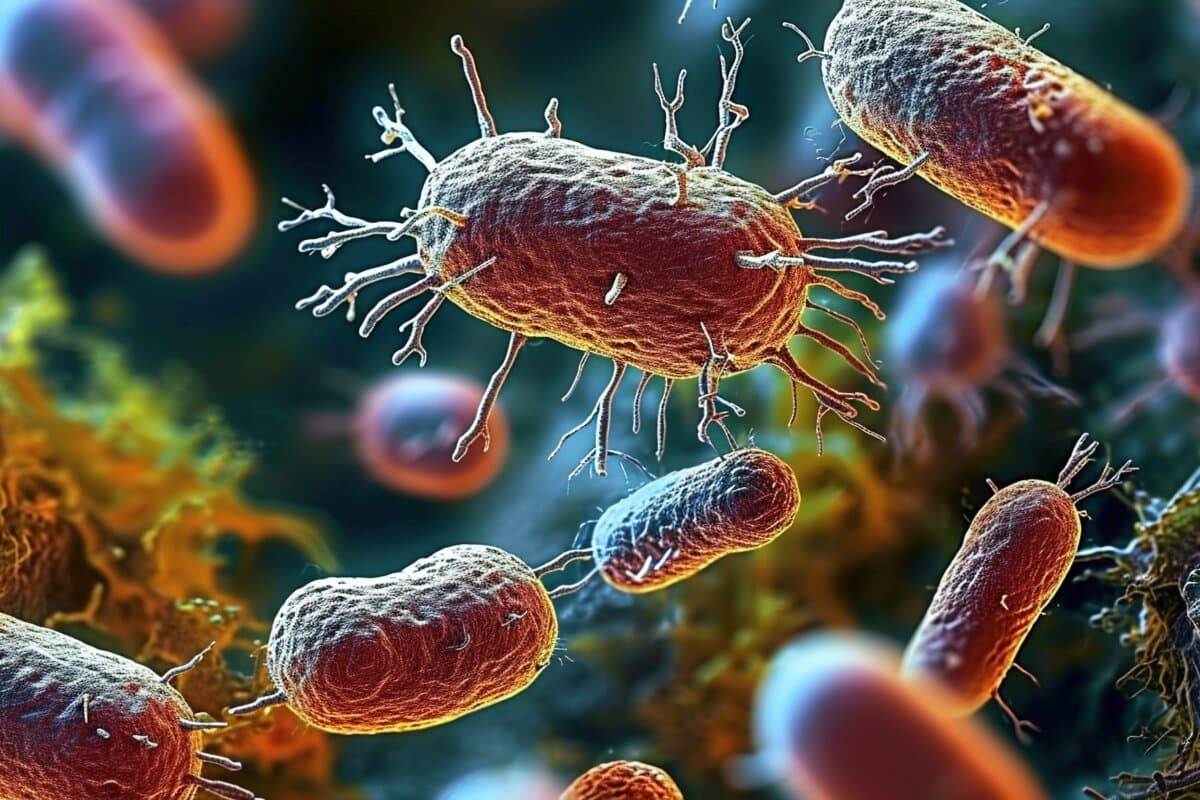 Close-up of 3D microscopic bacteria in the body. Medical concept of scientific research in bacteriology