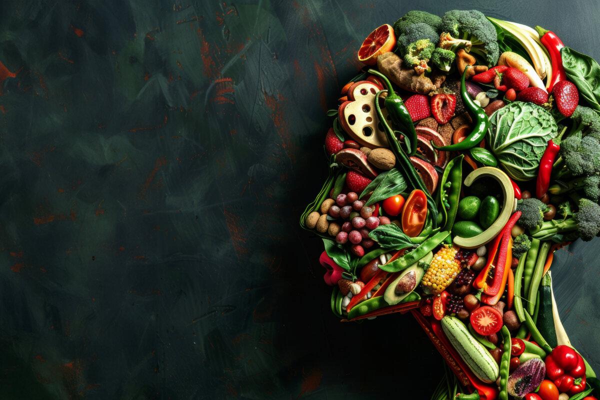 Verschiedene Lebensmittel wie Gemüse, Obst und Erbsen im Kopf. Ernährung für die Gesundheit des Gehirns. Generative KI.