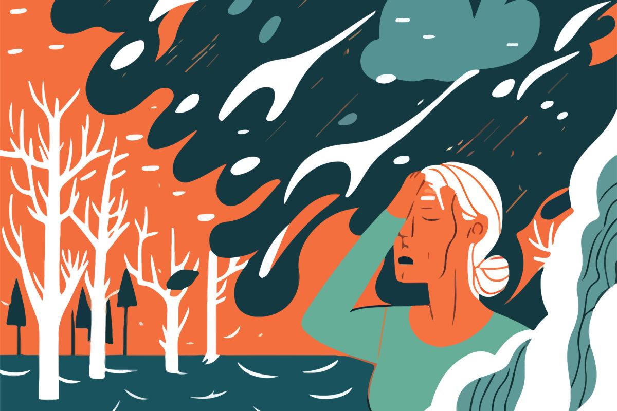Climate anxiety and crisis. Perfect for illustrating psychological distress and the effect because of natural disasters, forest fires, and global warming issues. Eco concept. Generative AI