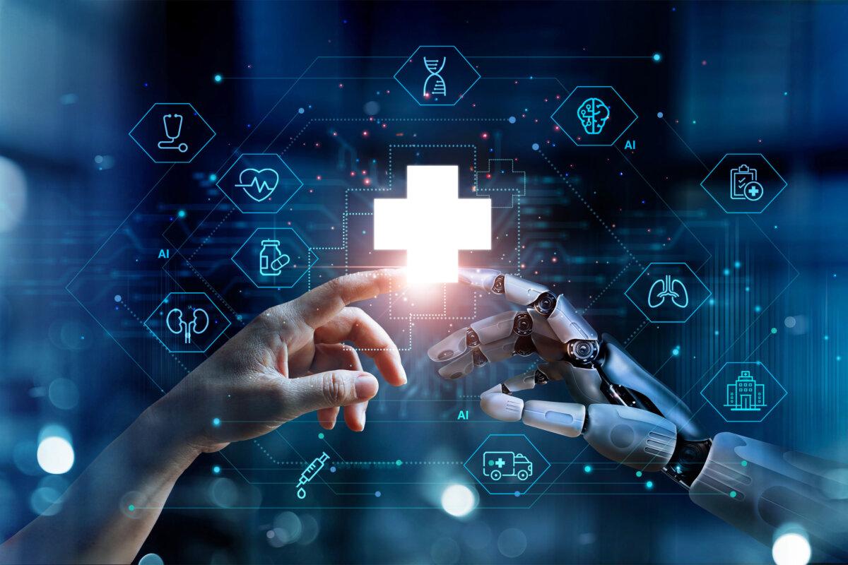 Medizinische KI, Hände von Robotern und Menschen berühren medizinische Daten