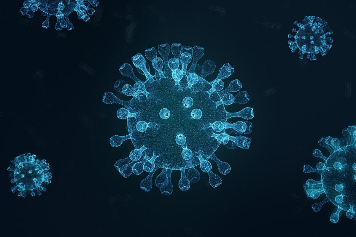 Nahaufnahme des Grippevirus im Blutgefäß. Blauer abstrakter Covid-19-Drahtgitter-Coronavirus-Hintergrund.