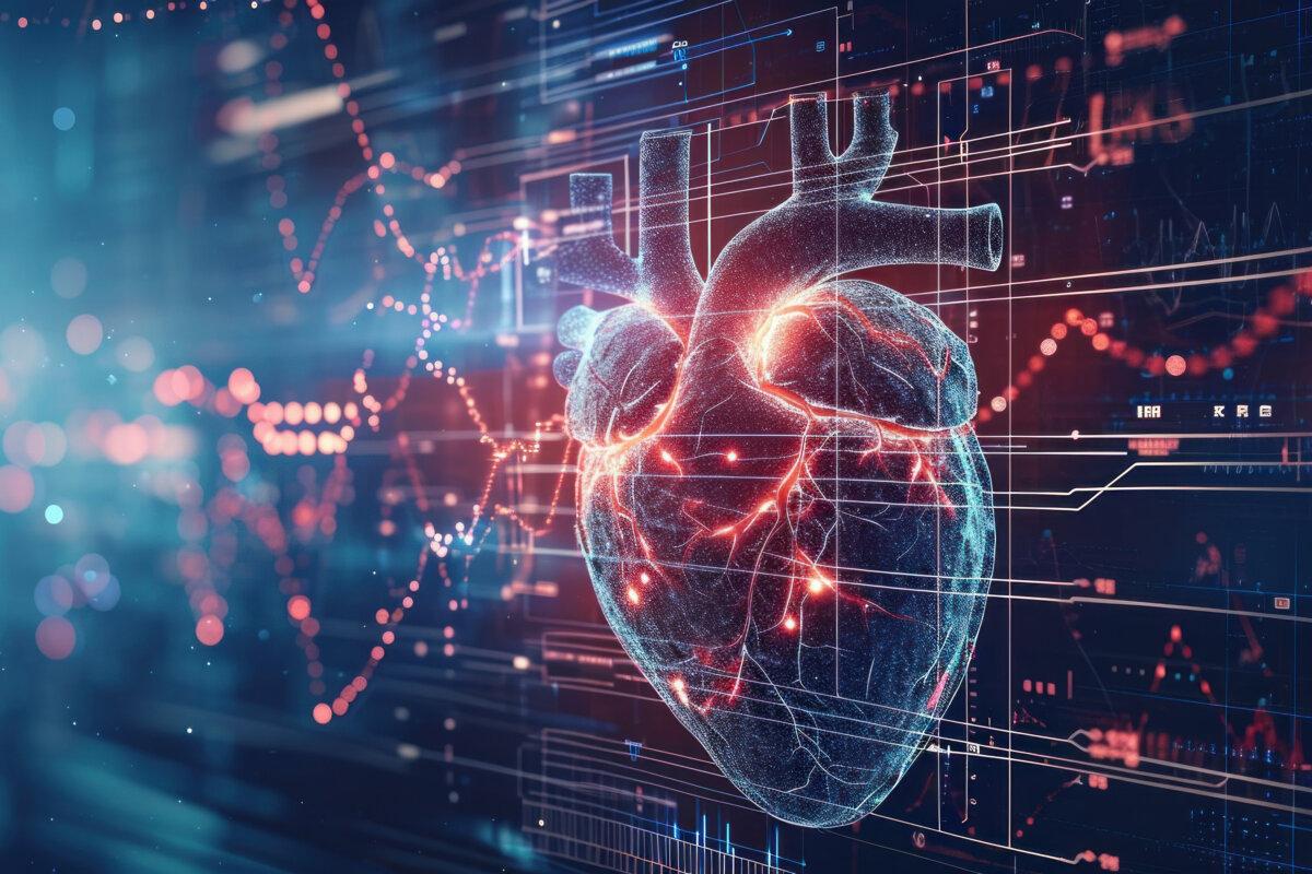 Herzschlaglinie wird in einen digitalen KI-Code umgewandelt, KI-Rolle bei der Echtzeit-Patientenüberwachung und beim