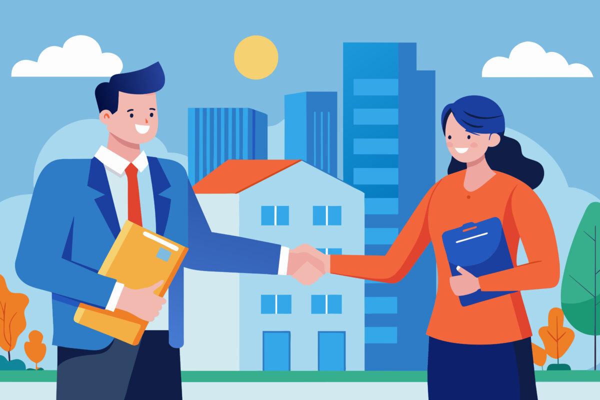 A commercial real estate agent and a buyer exchanging documents and shaking hands to finalize the sale of a building.