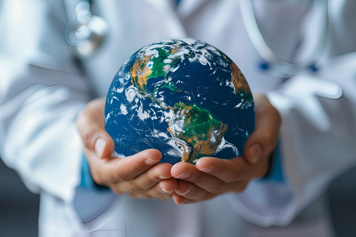 A physician clutching the planet Earth