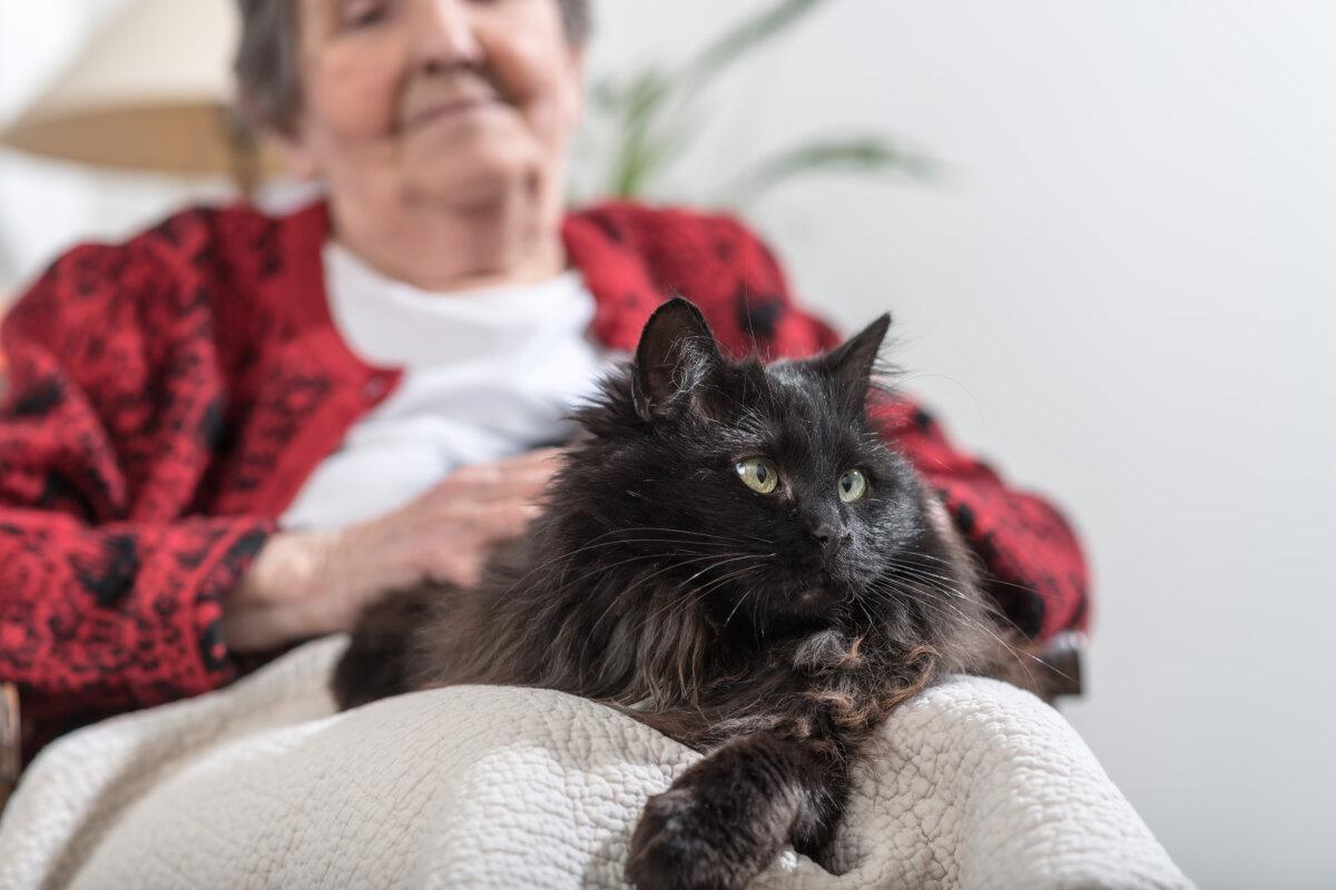 Ältere Frau mit ihrer schwarzen Katze