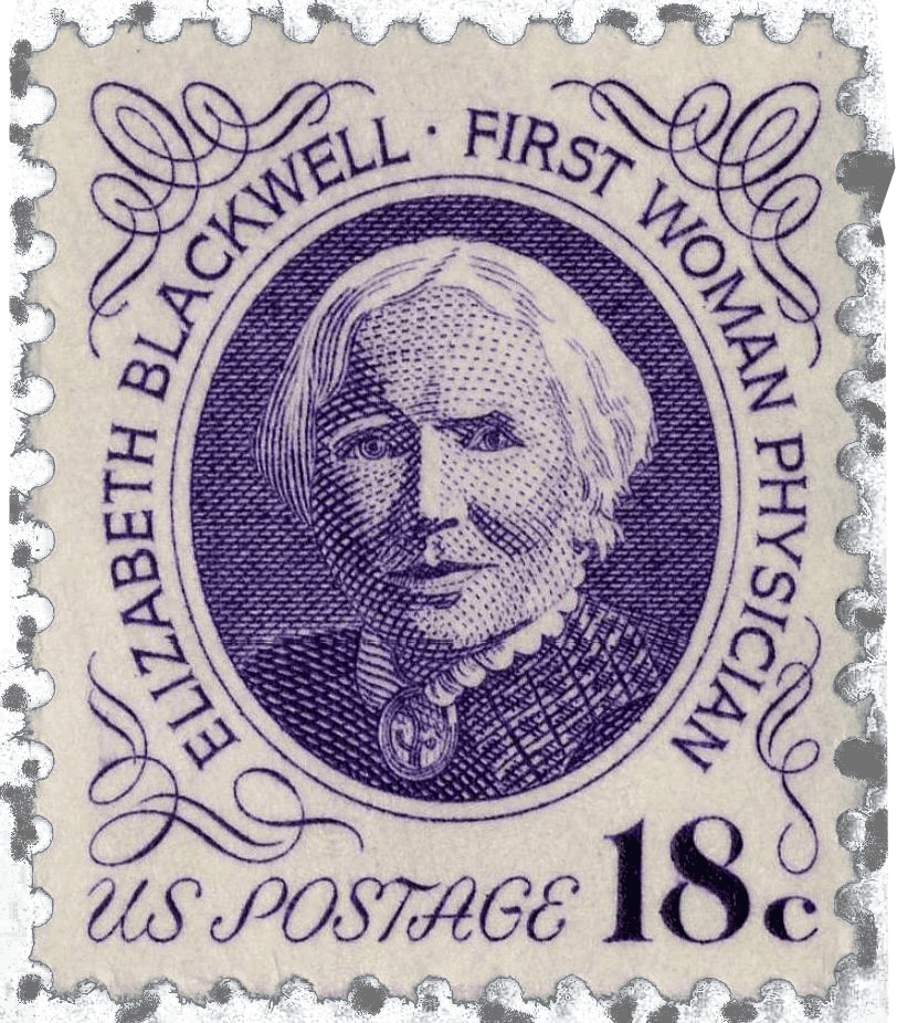 Faksimile einer 18c-Brifmarke des US Postal Service, die 1974 zu Ehren von Elizabeth Blackwell veröffentlicht wurde.