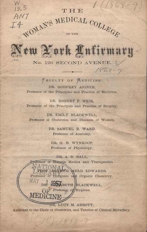 Faksimile einer Zeitungsankündigung des Womens Medical College of the New York Infirmary for Women and Children.