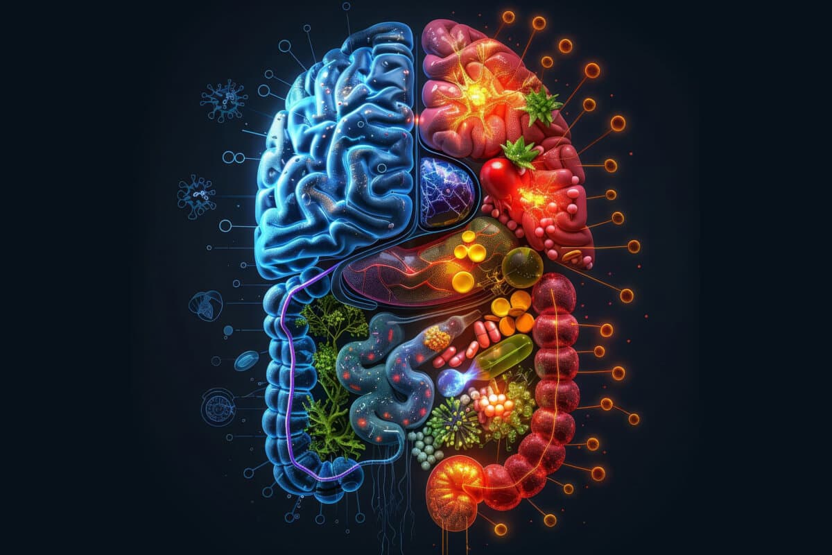 Farbenfrohe und detaillierte Illustration, die die Verbindung zwischen Gehirn und Darm mit lebendigen Mikrobiomelementen und