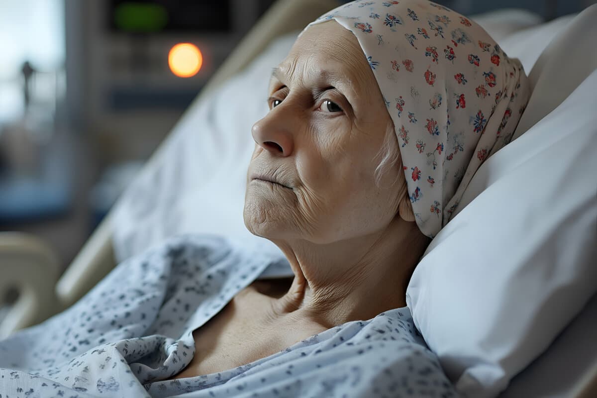 Abbildung einer alten Frau die in einem KRankenbett liegt.