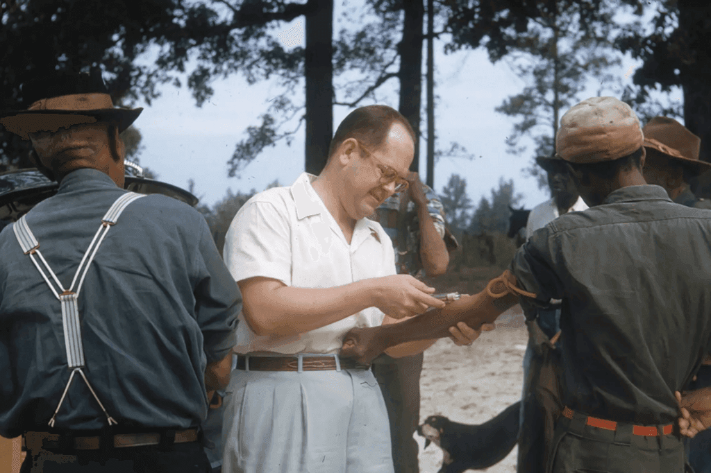 Sharecroppers und Personal des PHS bei der Blutabnahme.