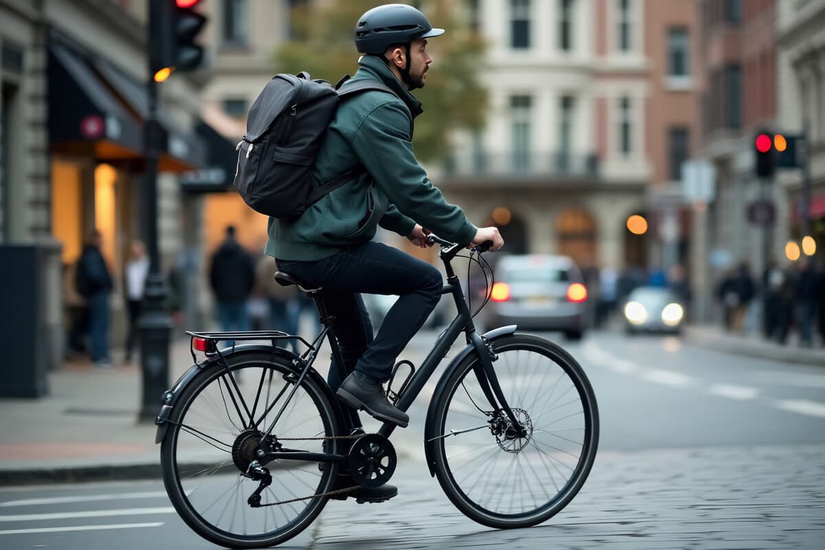 Junger Mann fährt glücklich mit dem Fahrrad durch eine geschäftige Stadt und taucht in das pulsierende Stadtleben Europas