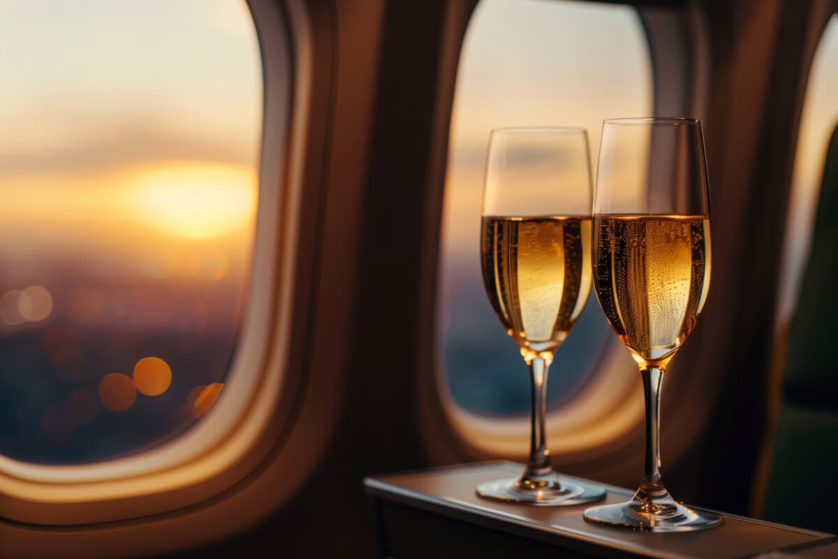 Eine Nahaufnahme von Gläsern Sekt, die an Bord eines Privatjets bei Sonnenuntergang serviert werden