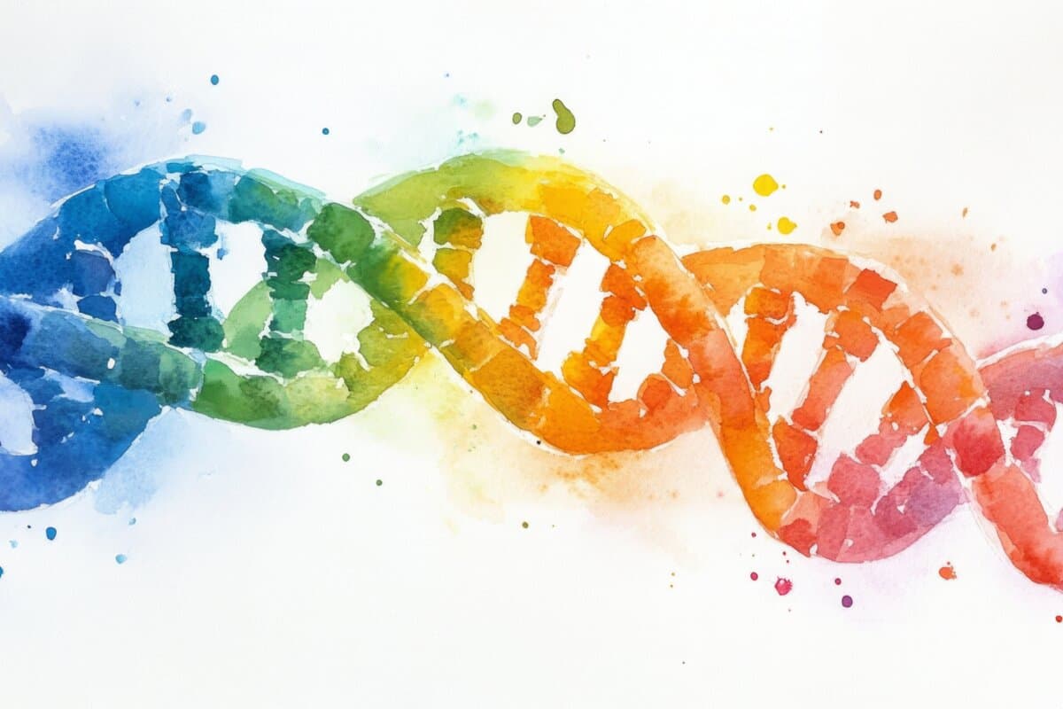 Die farbenfrohe Aquarelldarstellung von DNA-Strängen veranschaulicht den Prozess der Genbearbeitung und zeigt lebendige