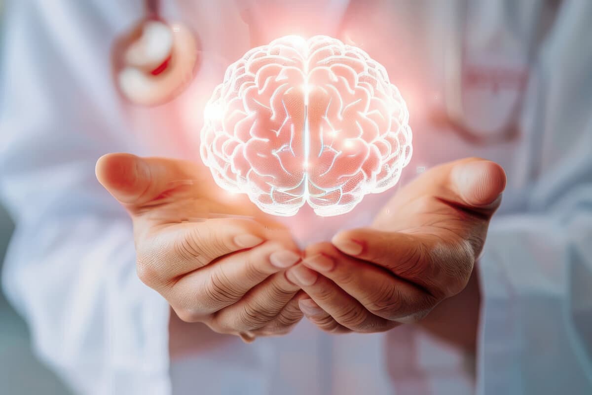 Ein Arzt hält eine leuchtende Gehirnillustration hoch, die medizinische Innovation und Bewusstsein für psychische