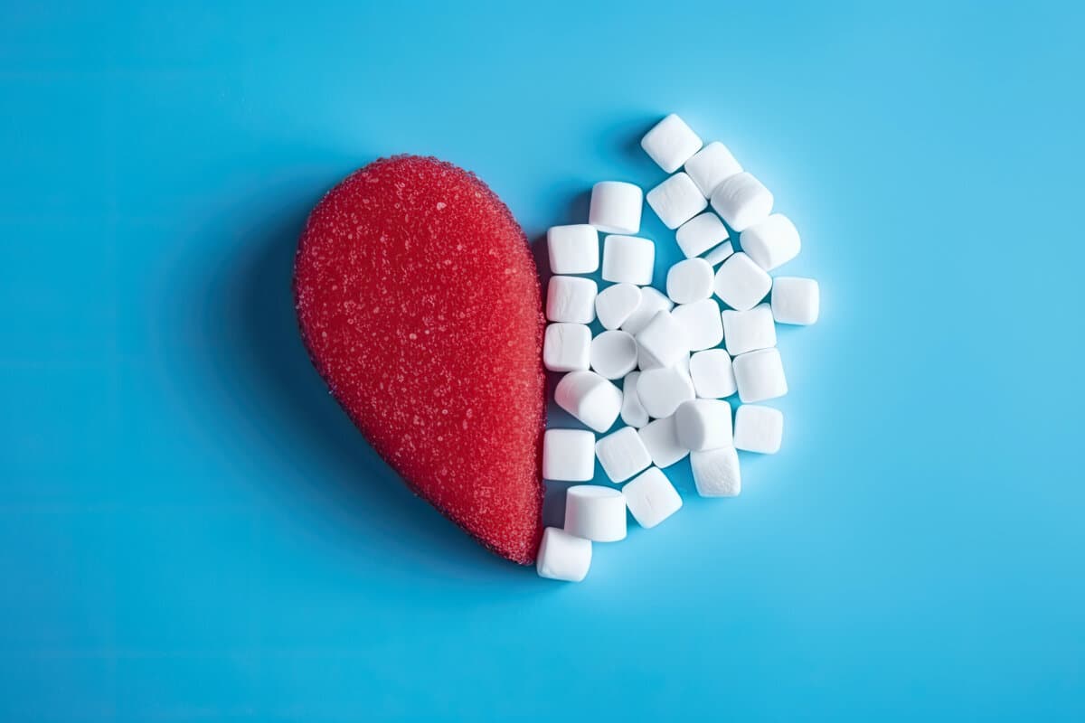 Eine Herzform aus einem halben roten Herzen und Zuckerwürfeln auf blauem Hintergrund. Weltdiabetestag, 14. November.