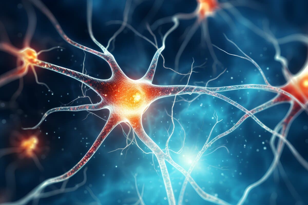 Abbildung eines neuronalen Netzwerks, das die an der Sucht beteiligten Neuronen hervorhebt, mit Schwerpunkt auf Synapsen,