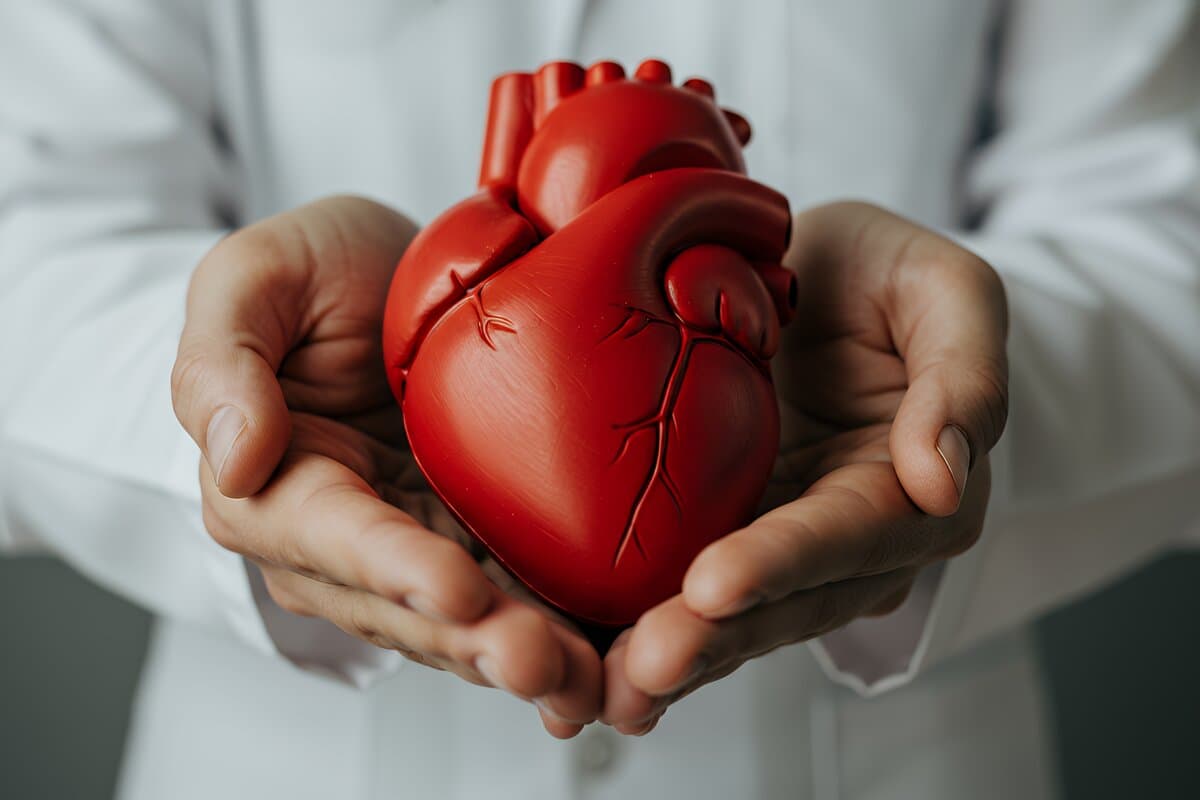 Eine Person hält vorsichtig ein rotes Herzmodell in ihren Händen, perfekt für Gesundheits- und medizinische Kontexte.