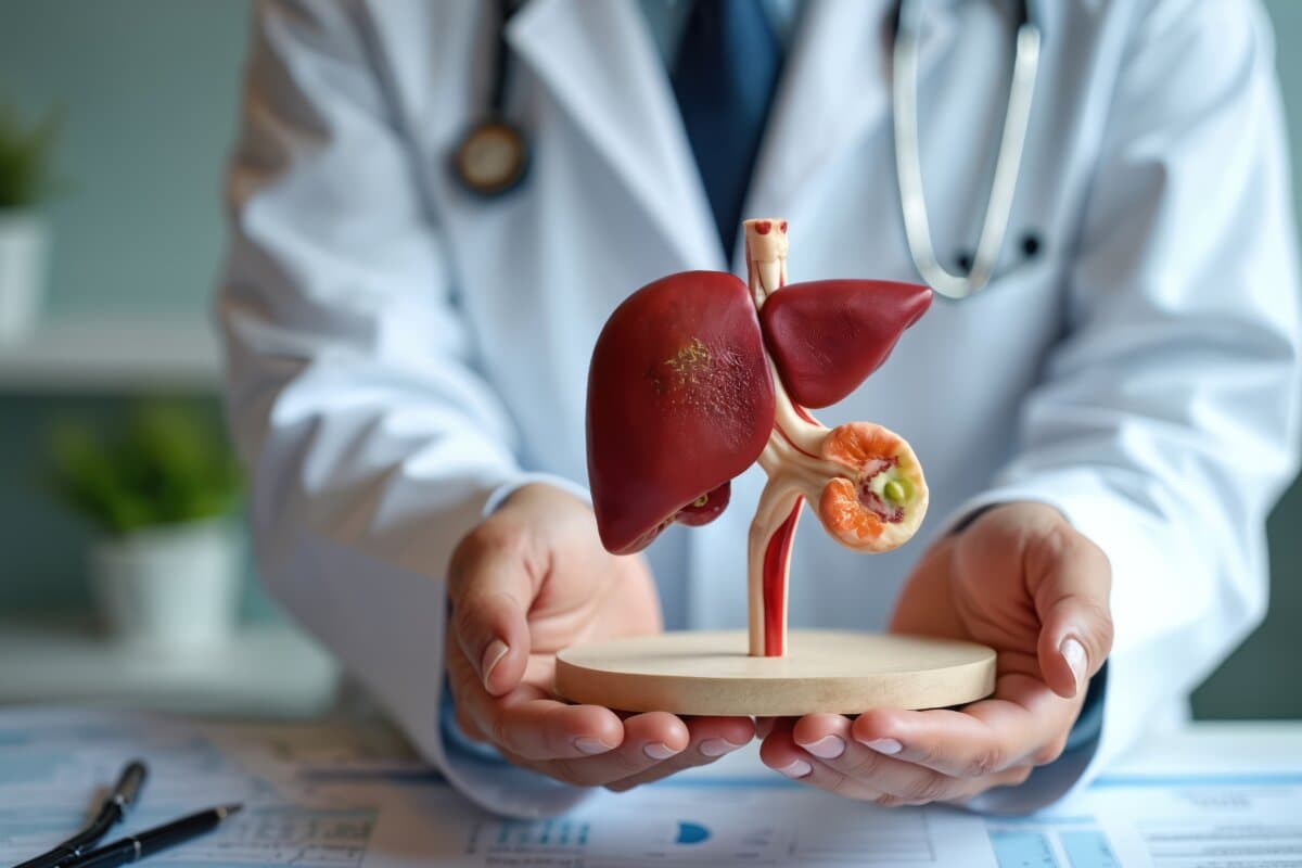 Arzt hält menschliches Leberanatomiemodell in Händen. Lebererkrankungen, Krebs, Hepatitis.