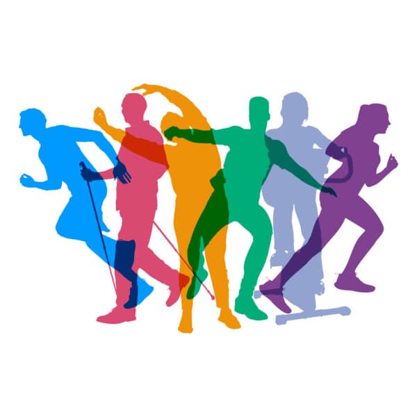 Sport Konzept mit Menschen in Bewegung bei verschiedenen Sportarten als bunte Silhouetten