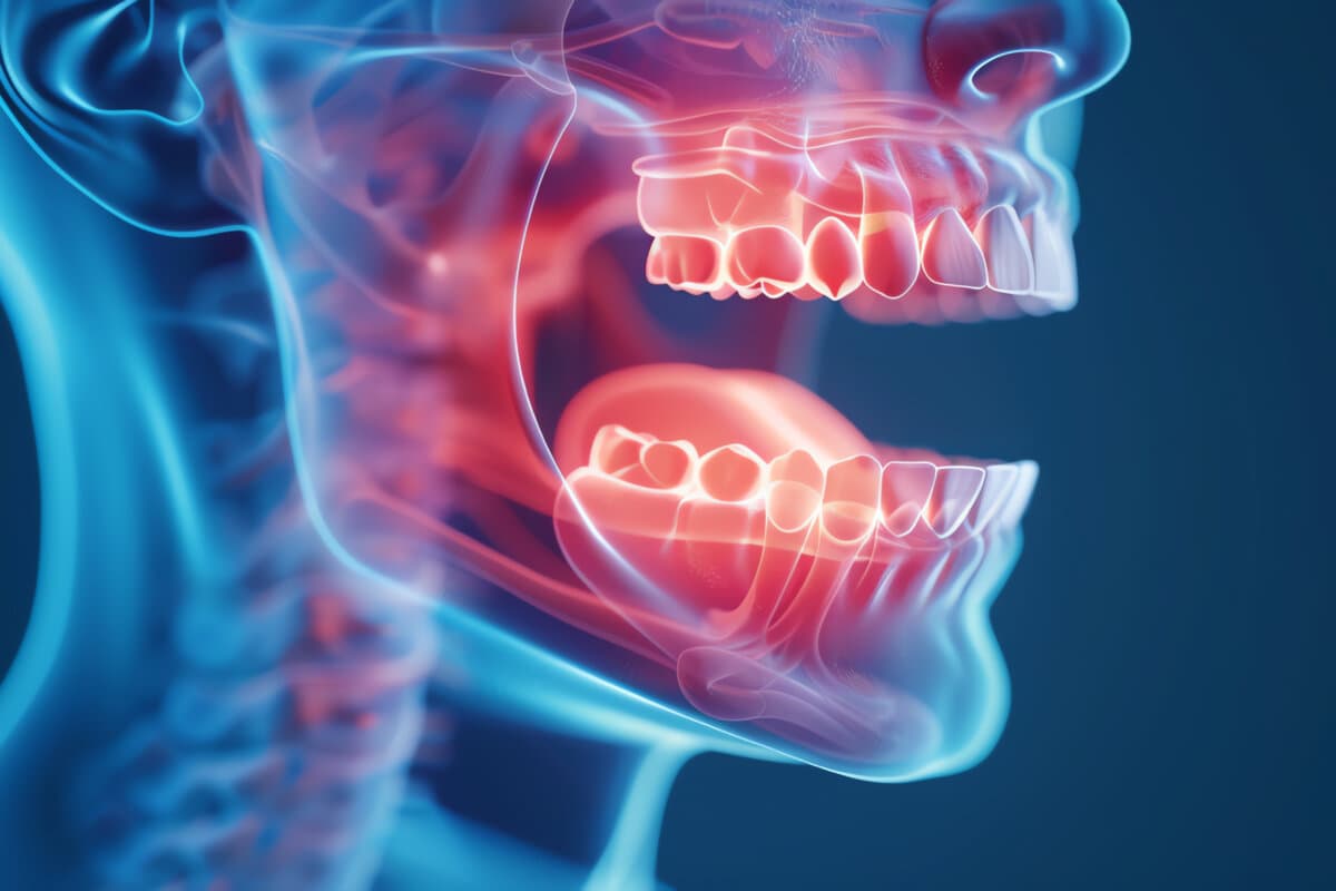 A closeup of an oral cancer lesion inside a patients mouth