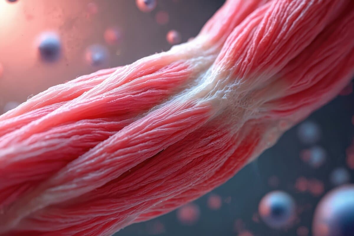 Close up view shows human muscle fibers. Fibers appear healthy, strong.
