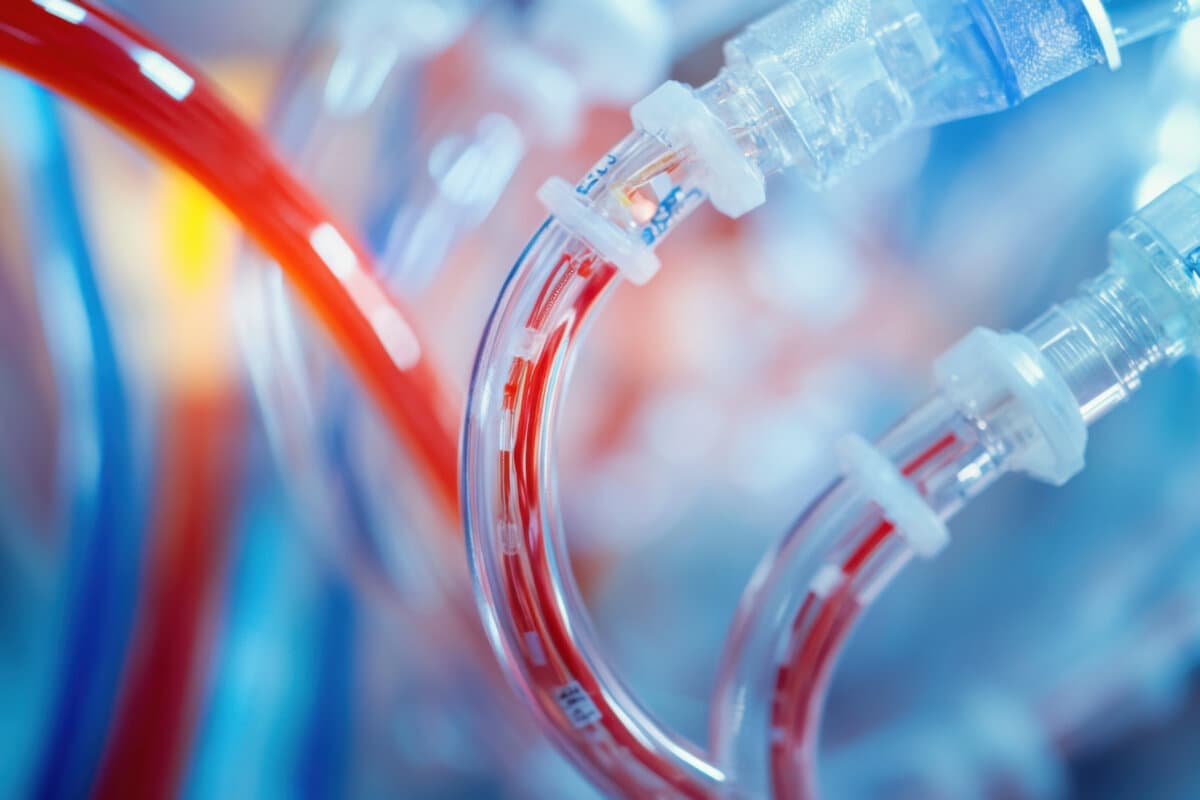 Close up of ECMO circuit tubing with blood flow, showcasing intricate details and vibrant colors.
