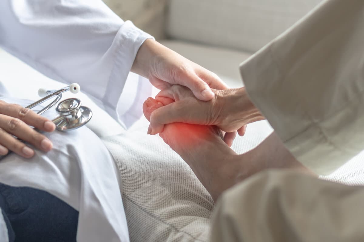 Peripheral Neuropathy pain in elderly patient on foot, hand, fingers, sensory nerves with numbness, muscle cramps, weakness