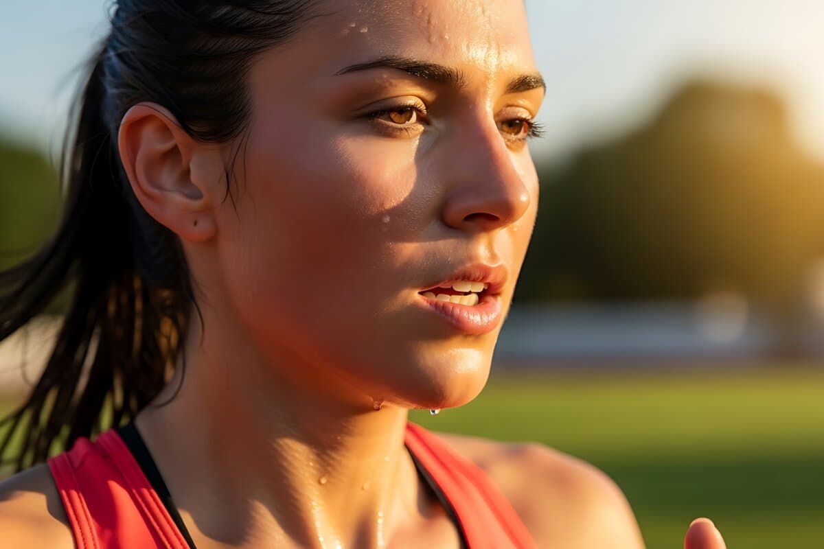 Close-up of a sweaty female runner’s face during intense outdoor training session