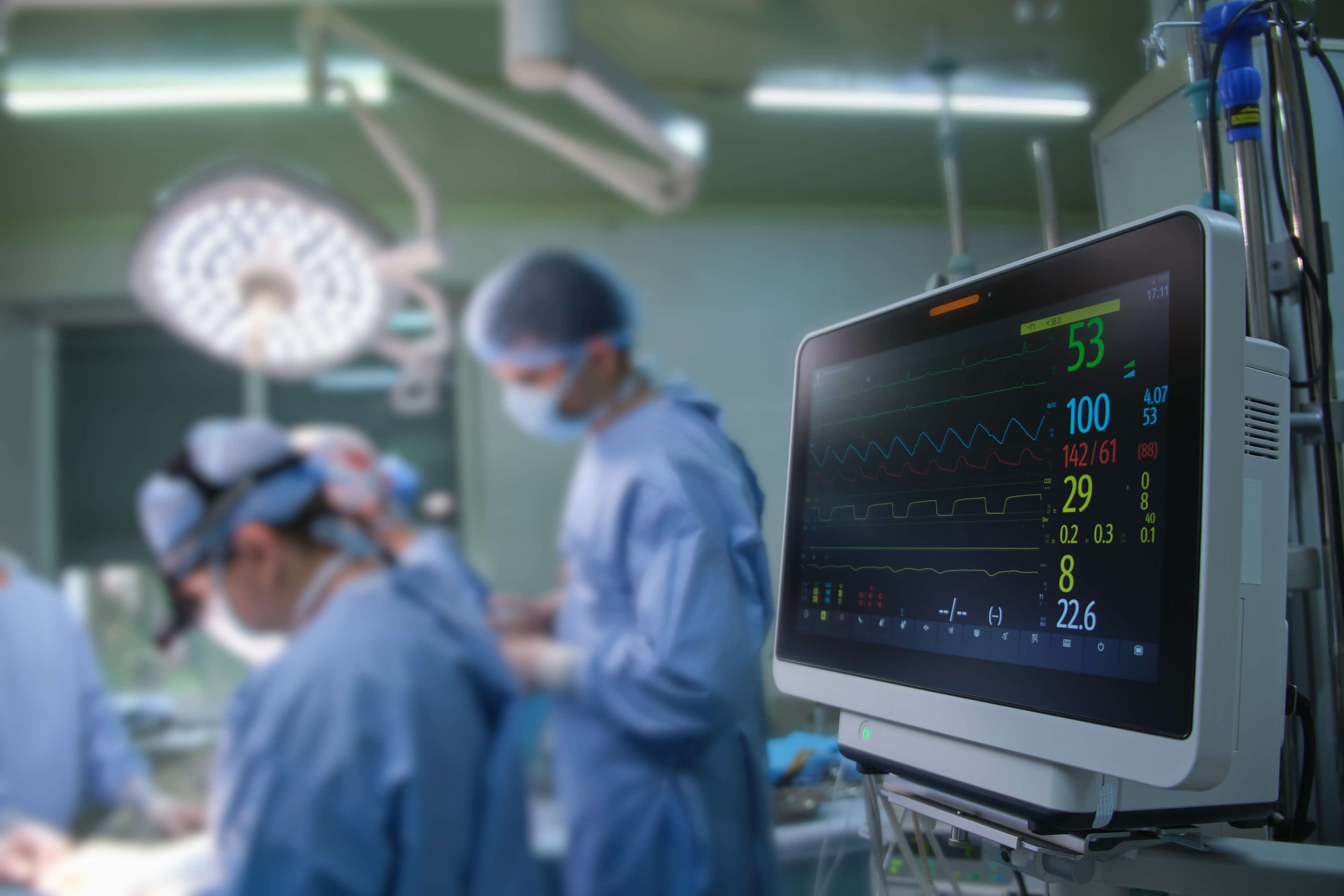Heart rate and patient control monitor in hospital theater room during surgery operation.