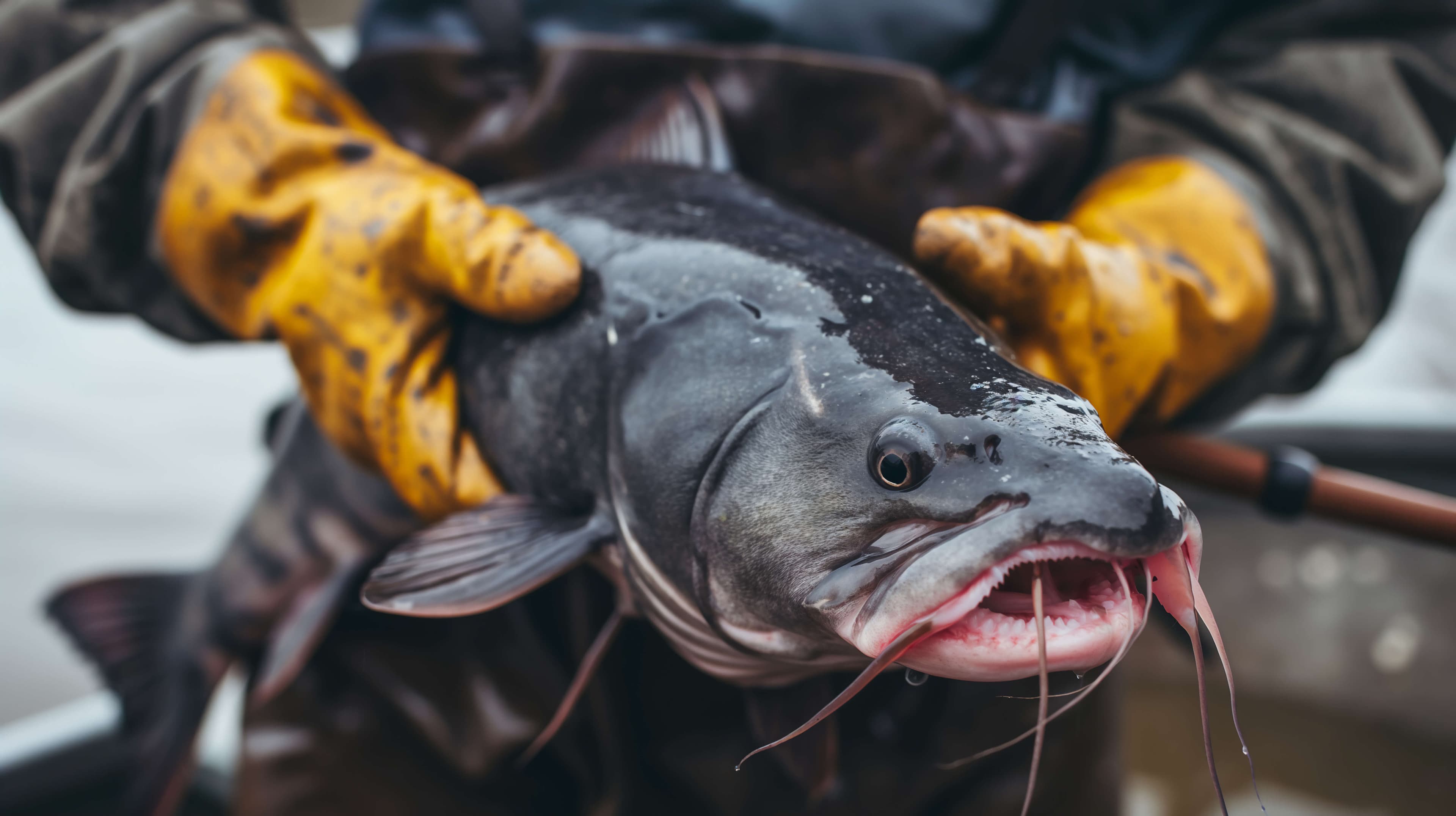 close up detail of fishermen's hands are catching and holding large catfish in the waters of a freshwater pond