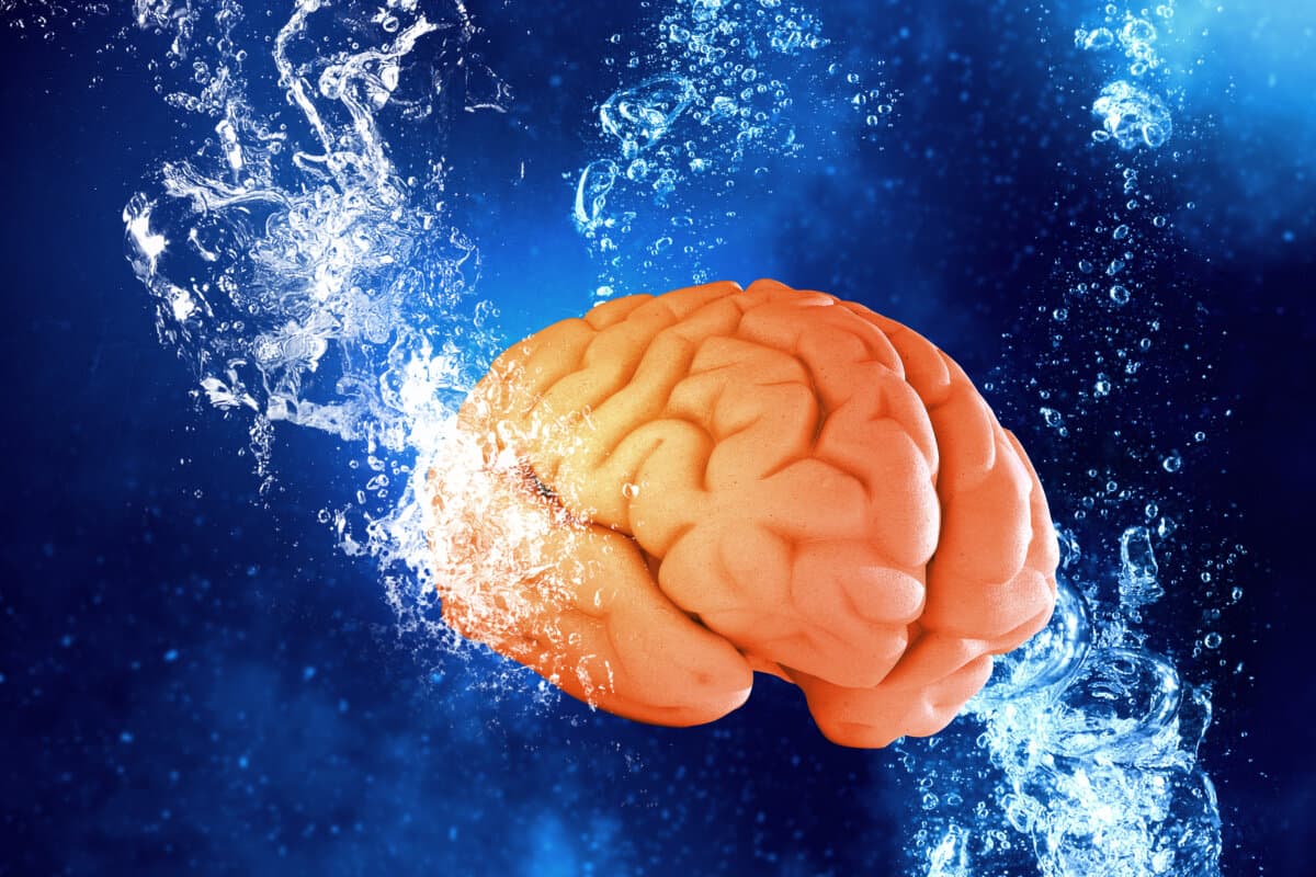 Human brain floating in clear blue water